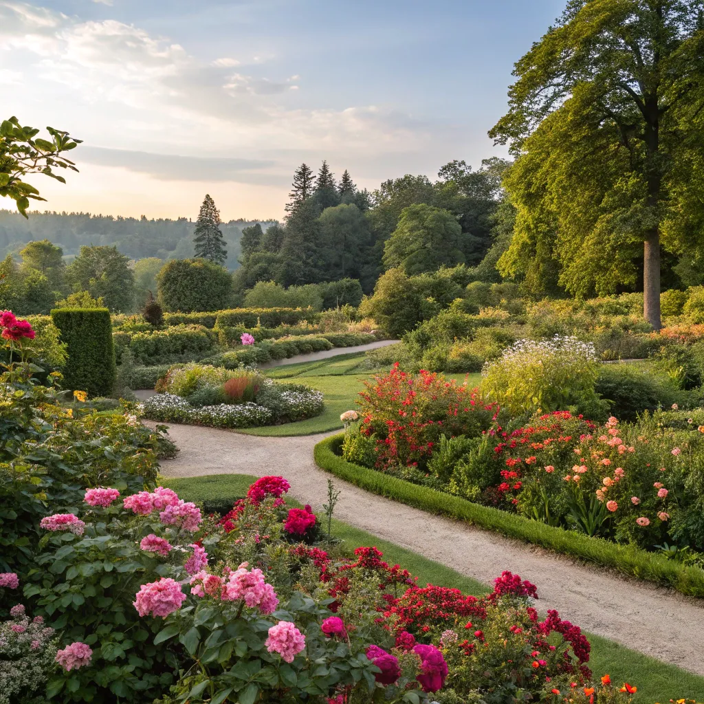 Beautiful garden landscape with colorful flowers and lush greenery